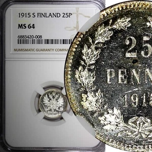 FINLAND Nicholas II Silver 1915 S 25 Pennia NGC MS64 GEM BU KM #6.2 (008) - Picture 1 of 5