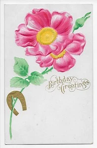 Geburtstagsgrüße Gold Hufeisen geprägt Blume Vintage Postkarte - Bild 1 von 2