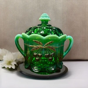 Vtg Mosser Green Glass Opalescent Cherry & Cable Pattern Handle Biscuit Jar 60’s - Imagen 1 de 9