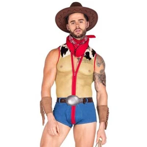 Cowboy Sheriff Costume Bodysuit Fishnet Denim Cow Print Bandana Belt 5019 Medium - Picture 1 of 6