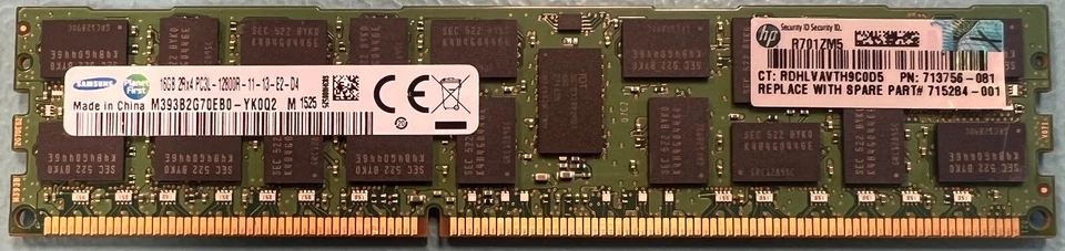 Samsung M393B2G70EB0-YK0 16GB PC3-12800 DDR3-1600Mhz RDIMM Server Memory RAM - Image 1 of 1