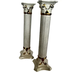 Vintage Pillar Candlesticks Holders Ceramic Raku Off White w/Iridescence 9.5" T - Picture 1 of 7