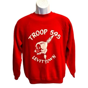 Vintage 1980s Hanes Red Sweatshirt Troop 595 Levittown Youth Scout Medium - Picture 1 of 10