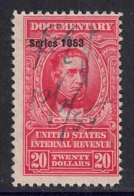 US Scott R644 $20 Wm E Meredith “Series 1953” Revenue Red Stamp cj192 - Image 1 of 2