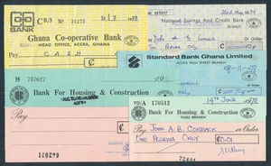 Ghana: 1978-79 "COLLECTION OF 5 DIFFERENT CHEQUES" with Printed Duty Stamps - Picture 1 of 1