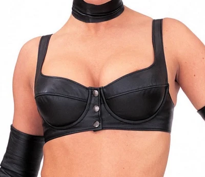 Ladies Black Leather Bra Snap Front Bustier – Fetish Clubwear Lingerie Crop Top - Image 1 of 4