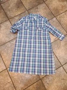 Old Navy Shift Dress  Large Blue Plaid Cotton Long Roll-Up Sleeves Pearl Snaps - Picture 1 of 14
