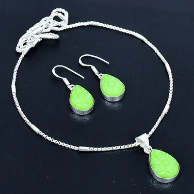 Juego de collar y pendientes hechos a mano enchapados en plata 925 de calcedonia verde de 17"-18" Foto 1 de 3
