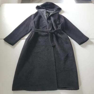 Max Mara Coat Womens 4 Black Long Hooded Wrap Belted Alpaca Wool Made in Italy - Image 1 of 4