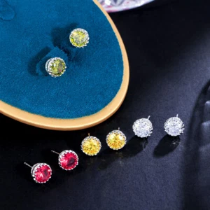 Silver Plated Cubic Zirconia Round 8mm Stud Earrings Fashion Brand Jewelry - Bild 1 von 30