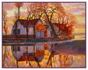 Dutch Farm at Sunset by Artist Piet Mondrian Counted Cross Stitch Pattern - Picture 1 of 9