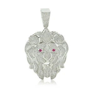 HIP HOP SILVER FINISH MICRO PAVE BLING LARGE LION HEAD PENDANT RED EYE - Picture 1 of 1