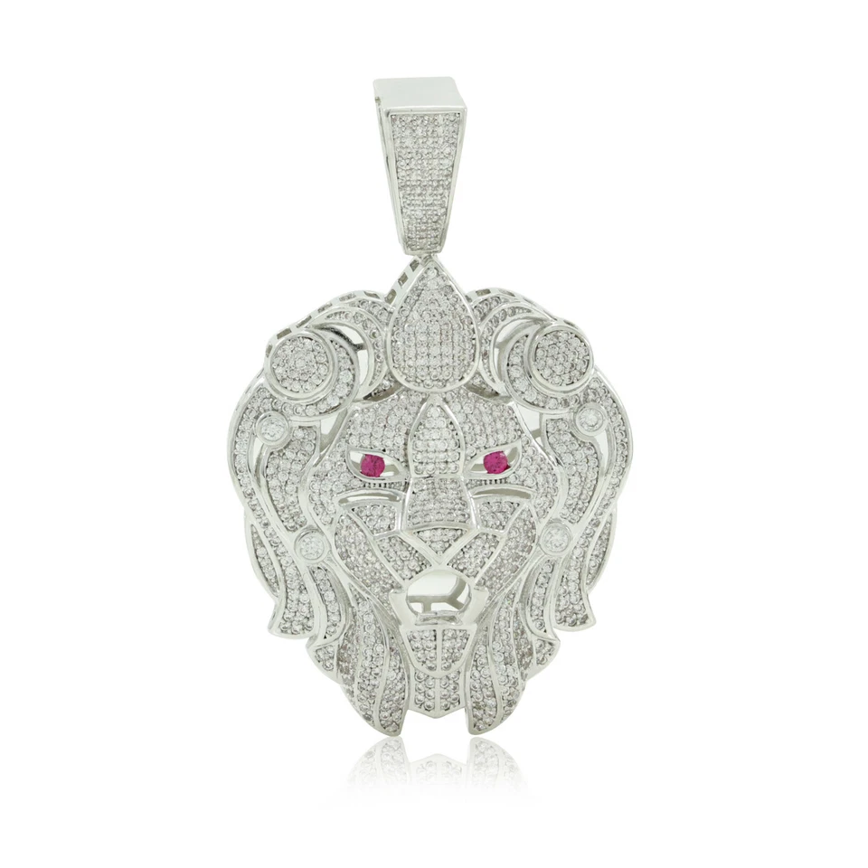 HIP HOP SILVER FINISH MICRO PAVE BLING LARGE LION HEAD PENDANT RED EYE - Image 1 of 1