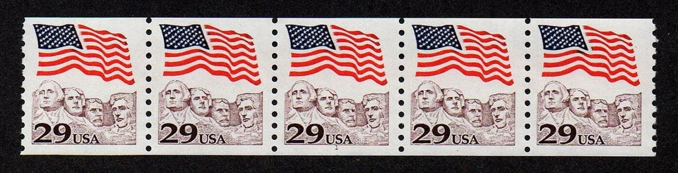 UNITED STATES, SCOTT # 2523, COIL STRIP OF 5 STAMPS PNC # 1, FLAG OVER RUSHMORE - Image 1 of 1