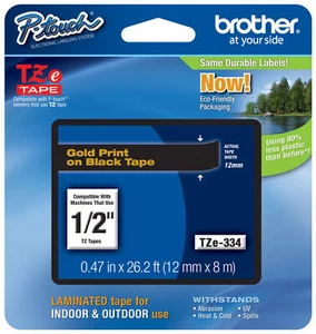 Genuine Brother TZe-334 P-touch Label Maker Tape TZe334 TZ334 TZ-334 Gold Black - Picture 1 of 32
