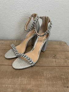 Jewel Badgley Mischka Mayra Silver Glitter Sandal Crystal Gems Block Heel Sz 8.5 - Picture 1 of 13