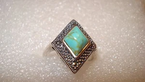 NEW! TURQUOISE MARCASITE AWESOME RING SIZE 8 IN SOLID STERLING SILVER - Picture 1 of 5