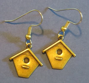 Birdhouse Earrings Antiqued Brass Small Bird House - Picture 1 of 4