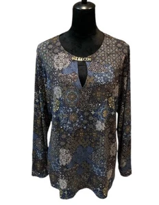 Michael Kors Women's 1X Blue MultiColor Print Long Sleeve Shirt Faux Good Chain - Picture 1 of 7