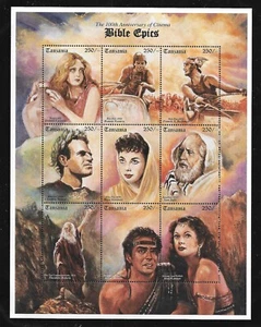 Mini hoja de recuerdo de 9 estampillas de Tanzania África MNH 1995 Biblia épicas estrellas de cine - Imagen 1 de 1