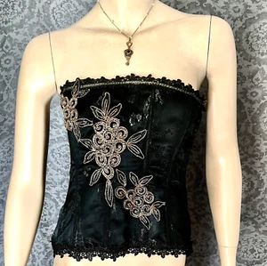 Altered Couture Black Bustier, 1920s Beaded Appliques, Green, Bronze, S -M + - Picture 1 of 8