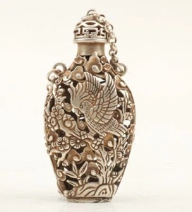 CHINESE RETRO TIBETAN SILVER HAND CARVED BIRD CRANE STATUE CUTOUT SNUFF BOTTLE - Bild 1 von 8