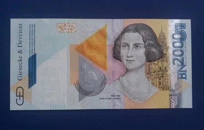Nota de teste Marie Queen of Baviera Giesecke & Devrient BN 2000 ESPÉCIME UNC - Imagem 1 de 4