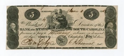 1862 $5 The Bank of the State of SOUTH CAROLINA Note - CIVIL WAR Era - Image 1 of 2