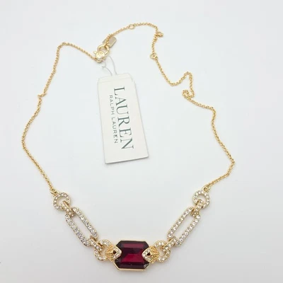 New!! RALPH LAUREN Necklace Pave Link Red Stone Gold Plated 20" New With Tags!! - Image 1 of 4