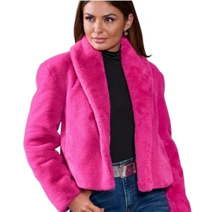 Boston Proper Shawl Collar Versatile Faux Fur Chubby Pink Peacock Jacket Size L - Picture 1 of 10