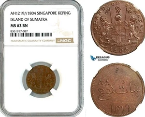AK662, Singapore, Sumatra, 1 Keping AH1219 / 1804, NGC MS62BN - Picture 1 of 1