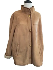 Talbots Faux Suede Fleece Jacket Women’s XL Tan Beige Sherpa Lined Front pockets - Picture 1 of 21