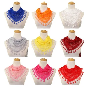 Women Classic Rose Lace Triangular Scarf Wrap Floral Embroidery Tassel Shawl  - Picture 1 of 28