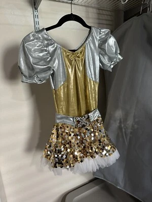 女孩金色银色亮片舞蹈服装 Weissman 尺寸 14 LC 穿过一次 — 第 1/4 张图片