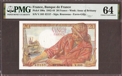 France 20 Francs 1943 Pick-100a CH UNC PMG 64 (Pinhole) - Image 1 of 2