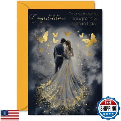 Cartão de casamento filha e genro - Borboletas douradas casal feliz - Dourado - Imagem 1 de 4