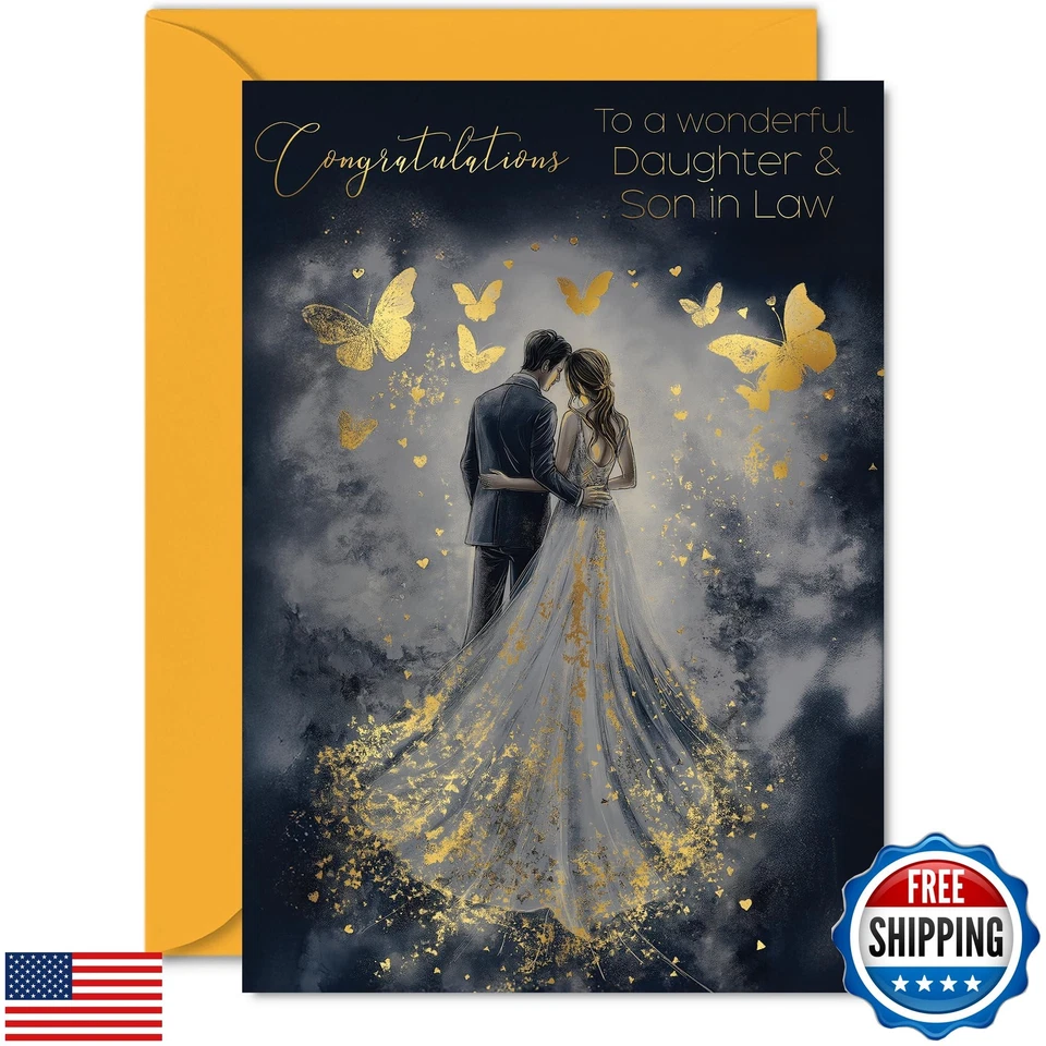 Daughter and Son in Law Wedding Card - Gold Butterflies Happy Couple - Golden - Image 1 of 4