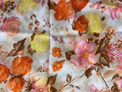 2+ Yards Vtg Floral Crepe Fabric Pink Orange Yellow Flowers on White w/Brown - Image 1 of 4