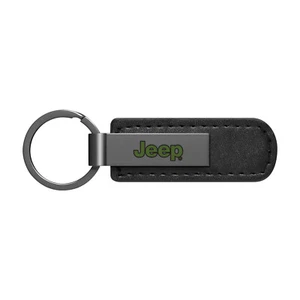 Jeep in Green Black PU Leather Strap Black Metal Bar Logo Key Chain - Picture 1 of 5