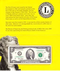 2003 $2 FRN San Francisco *STAR* con sobre BEP, poco 16 k de colección #L00005919* - Imagen 1 de 2