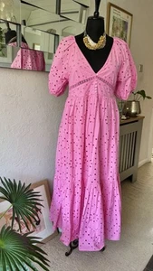 ZARA BRODERIE ANGLAISE CUTWORK PINK PUFF SLEEVE TIERED MAXI DRESS - SIZE L - NWT - Picture 1 of 10