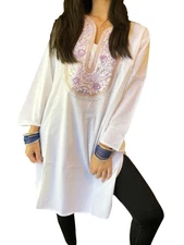 Boho Gypsy Hippy White Floral Tunic Cotton Comfy Beach Summer Style Dress M