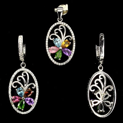 CONJUNTO GENUÍNO AMETISTA, TOPÁZIO, DIOPSÍDEO CROMADO, TURMALINA & CZ PRATA 925 sem corrente - Imagem 1 de 2