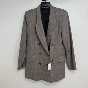 NWT Zara Woman Brown Check Plaid Double Breasted Blazer Size L - Picture 1 of 15