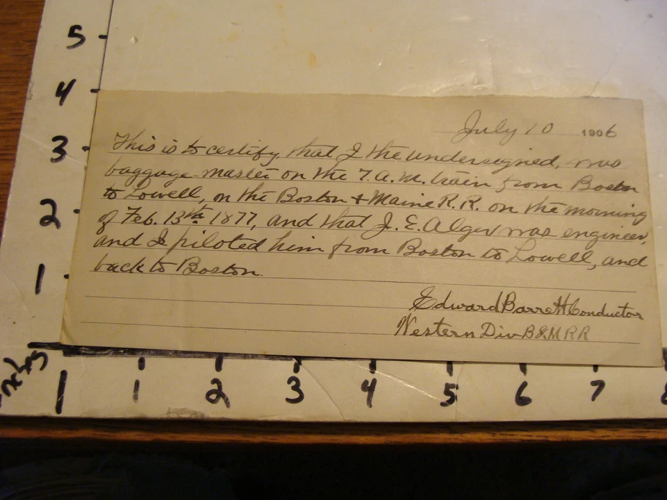 Vintage paper: BARRETT TESTIMONIAL REGARDING J. E. ALGER, TRAIN ENGINEER, 1906 - Image 1 of 1