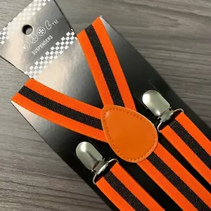 Orange Black Vertical Stripe 3 Clips Unisex Adult Suspender for Wedding Tuxedo - Picture 1 of 3