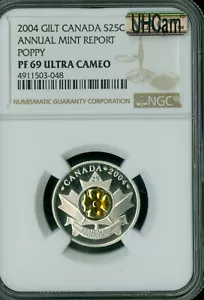 2004 CANADA SILVER / GOLD POPPY  25 CENTS NGC MAC PF69 ULTRA HEAVY CAM RARE . - Picture 1 of 2