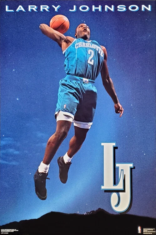 SPORTS POSTER WAREHOUSE Larry Johnson LJ SOARING Charlotte Hornets 1992 Costacos Brothers 23x35 POSTER