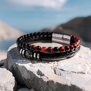 Natural Tiger Eye Obsidian Beads Protection Men's Leather Bracelet Fashion Gift - Picture 1 of 6
