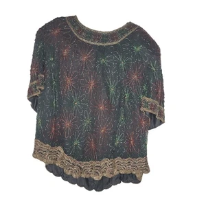 Papell Boutique Damen 3X Vintage Pailletten Top Grün Rot Gold Kurzarm Seide - Bild 1 von 7